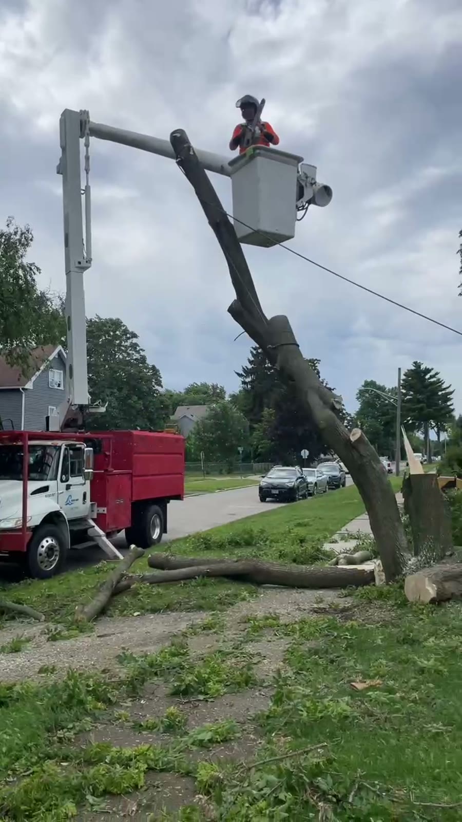Storm damage cleanup with bucket truck